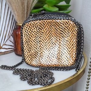 Tan and Black Crossbody Bag with Chain Strap and Textured Fabric